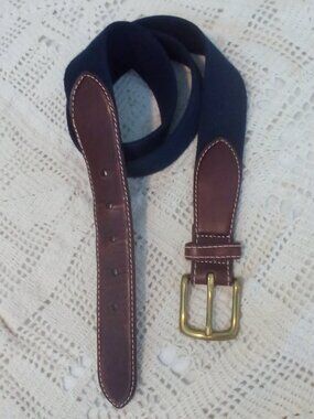 L.L.BEAN 43"x1.5" COMFORT WAIST BELT NAVY POLYESTER WEBBING LEATHER BRASS BUCKLE